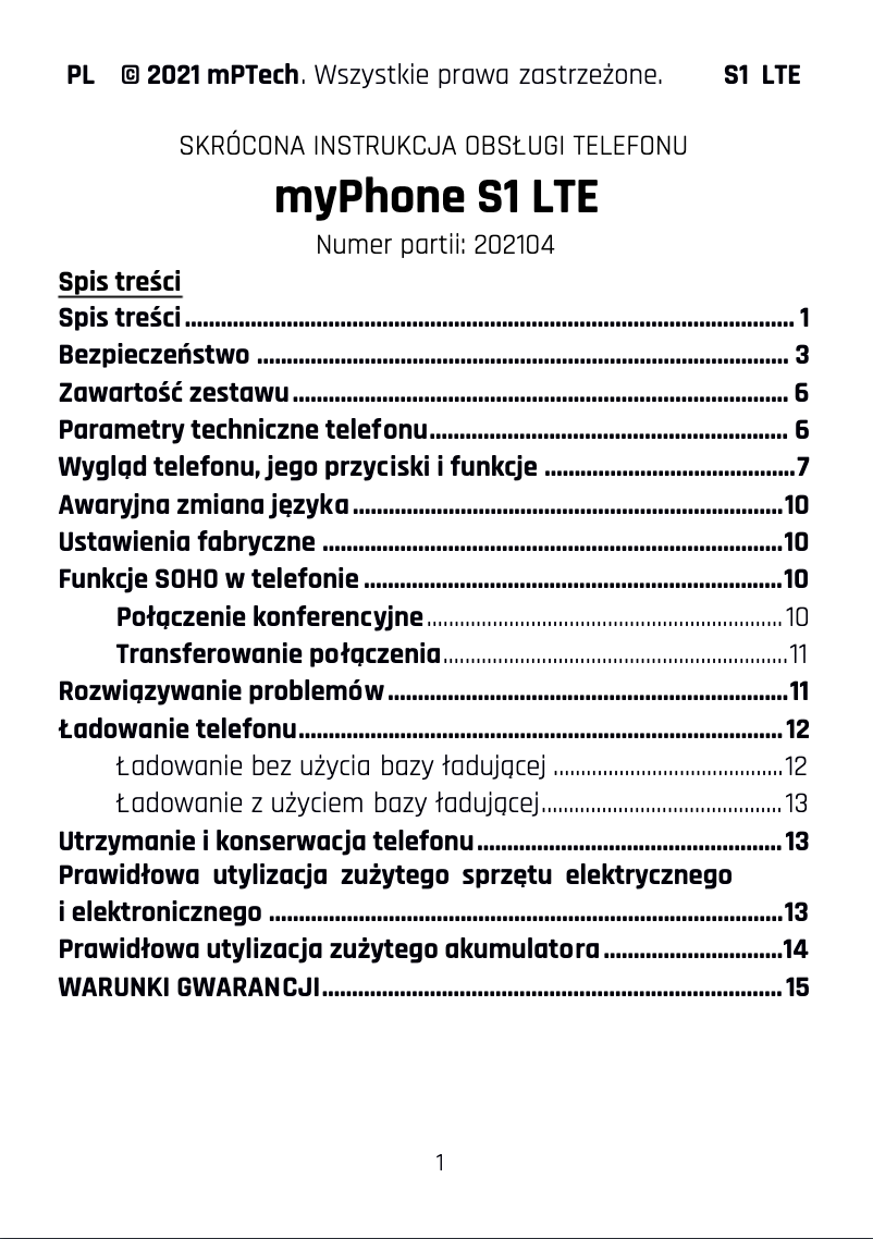 Page 1 de la notice Manuel utilisateur myPhone S1 LTE