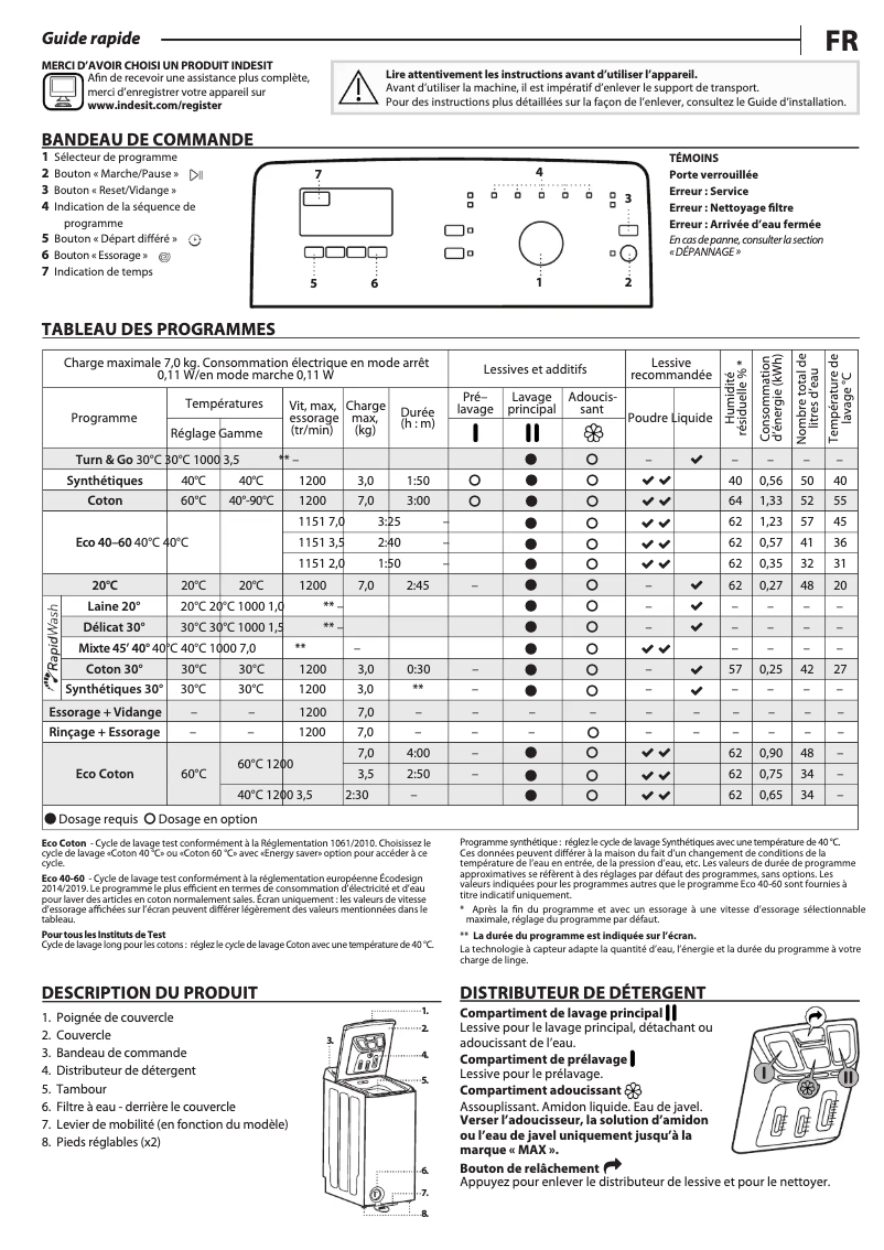 Page 1 de la notice Manuel utilisateur Indesit BTW S72200 FR/N