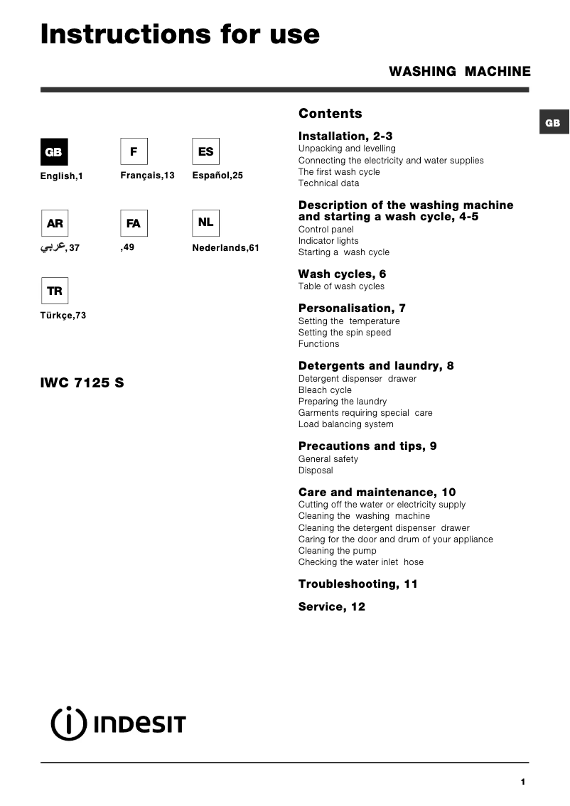 Page 1 de la notice Manuel utilisateur Indesit IWC 7125 S (EU)