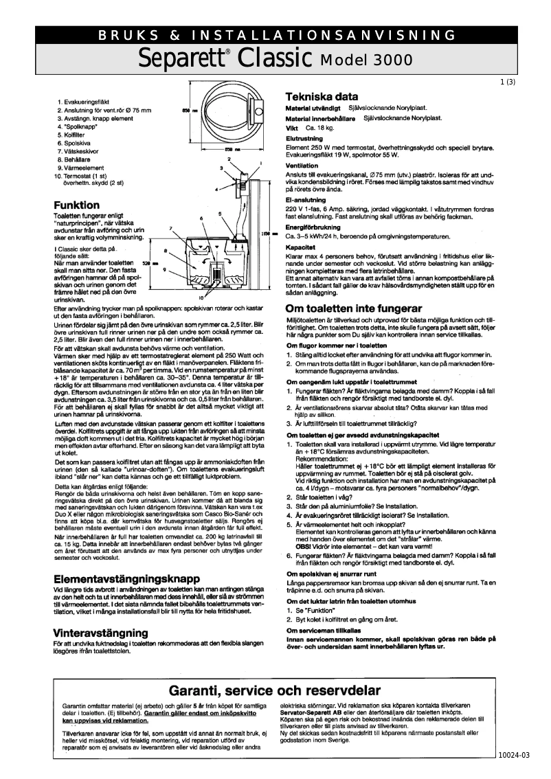 Page n°1 - Manuel utilisateur Separett Classic 3000