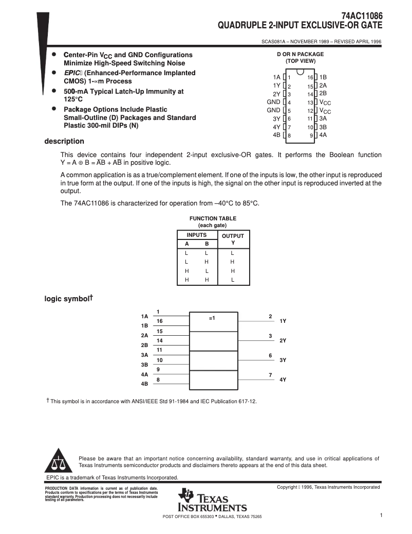 Page 1 de la notice Manuel utilisateur Texas Instruments 74AC11086N