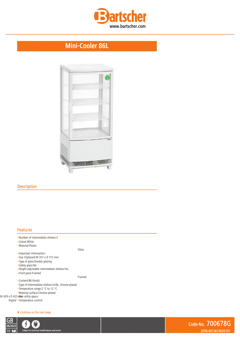 Page 1 de la notice Fiche technique Bartscher 700678G