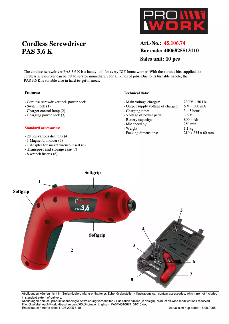 Page 1 de la notice Fiche technique Prowork PAS 3,6