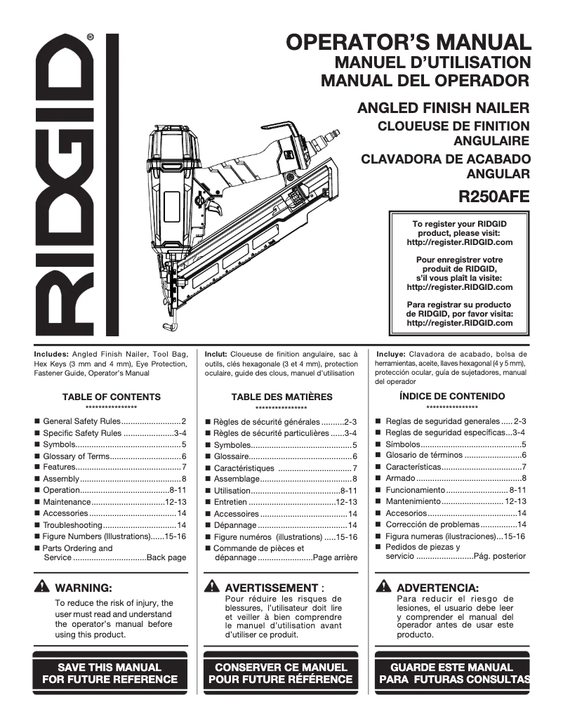 Page 1 de la notice Manuel utilisateur Ridgid R250AFF