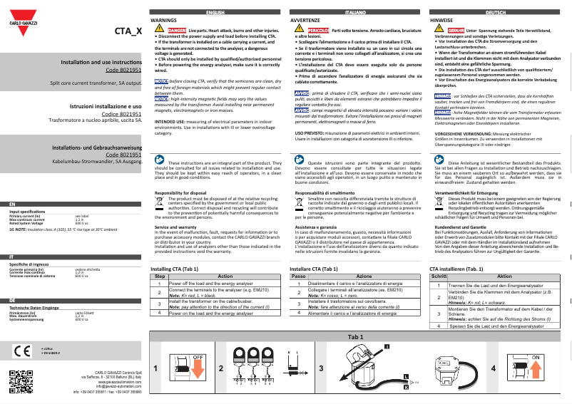Page n°1 - Manuel utilisateur Carlo Gavazzi CTA-6X