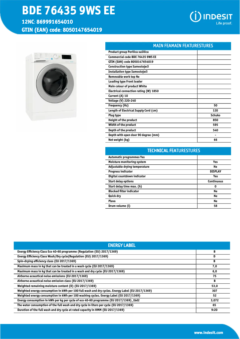 Page n°1 - Fiche technique Indesit BDE 76435 9WS EE