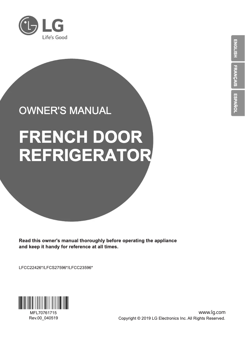 Page 1 de la notice Manuel utilisateur LG LFCS27596S