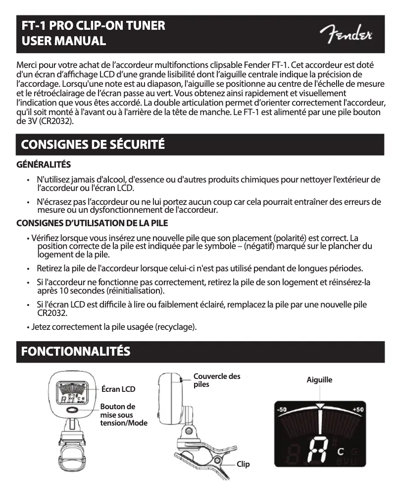 Page 1 de la notice Manuel utilisateur Fender FT-1