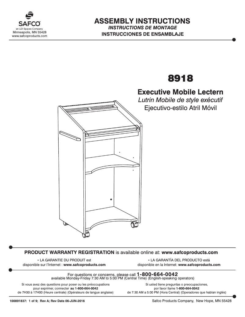 Page n°1 - Manuel utilisateur Safco 8918