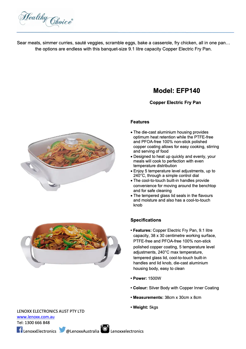 Page 1 de la notice Fiche technique Healthy Choice EFP140