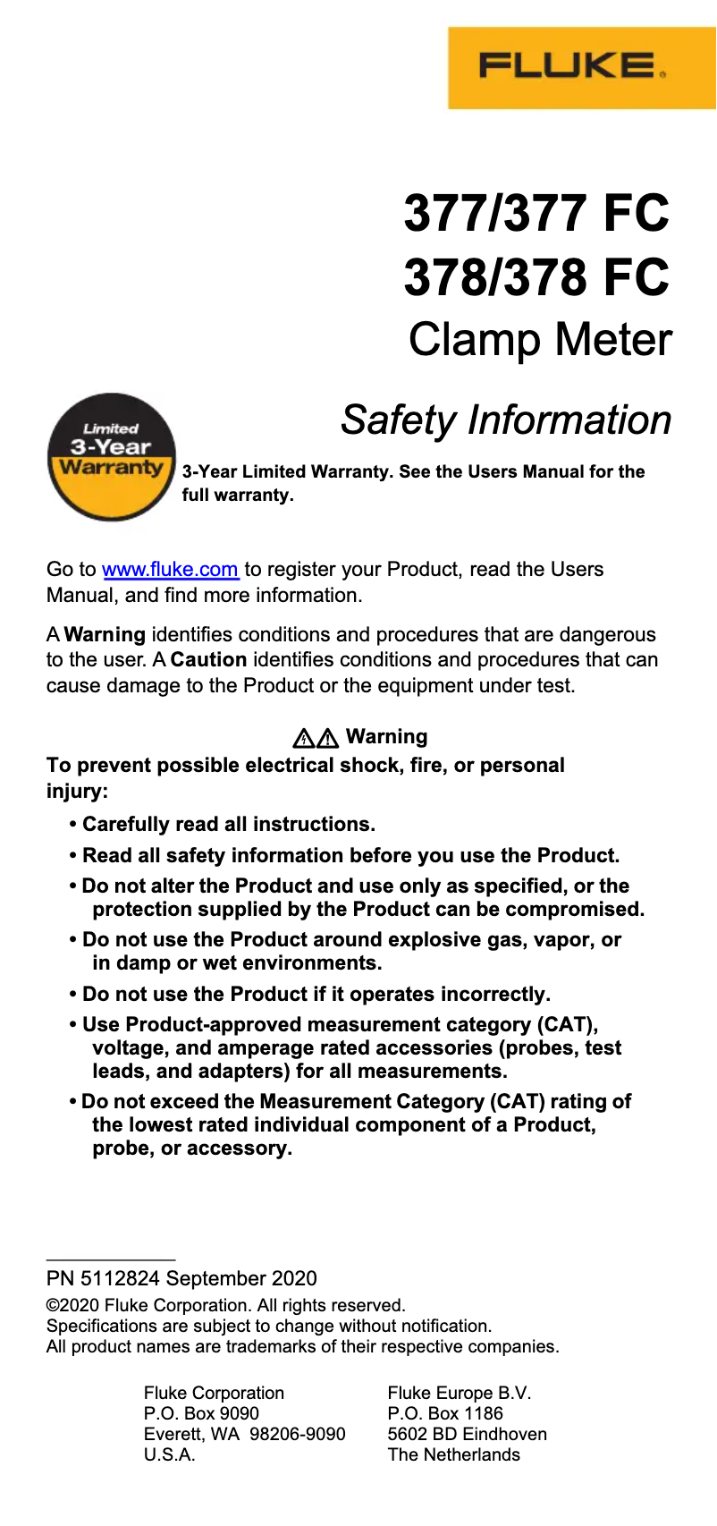 Página 1 del manual Instrucciones de seguridad Fluke 378