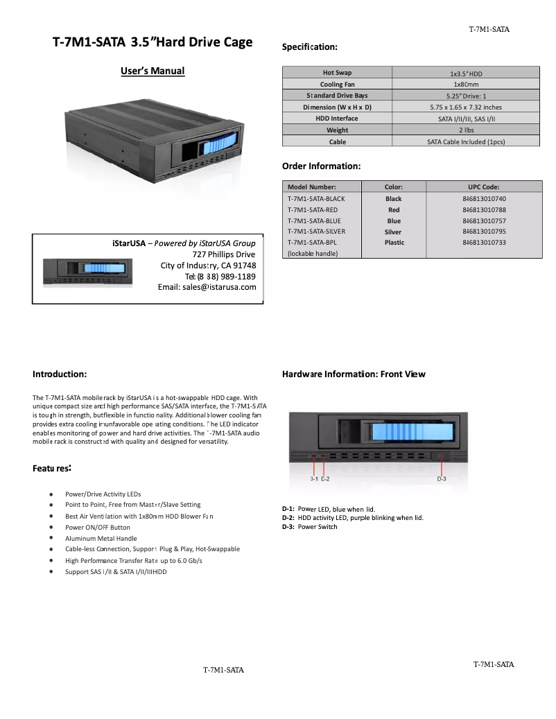 Page n°1 - Manuel utilisateur iStarUSA T-7M1-SATA-KL