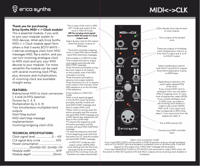 Page n°1 - Manuel utilisateur Erica Synths MIDI<->CLK