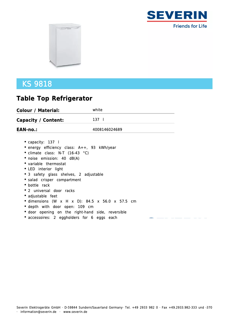 Página 1 del manual Ficha técnica Severin KS 9818