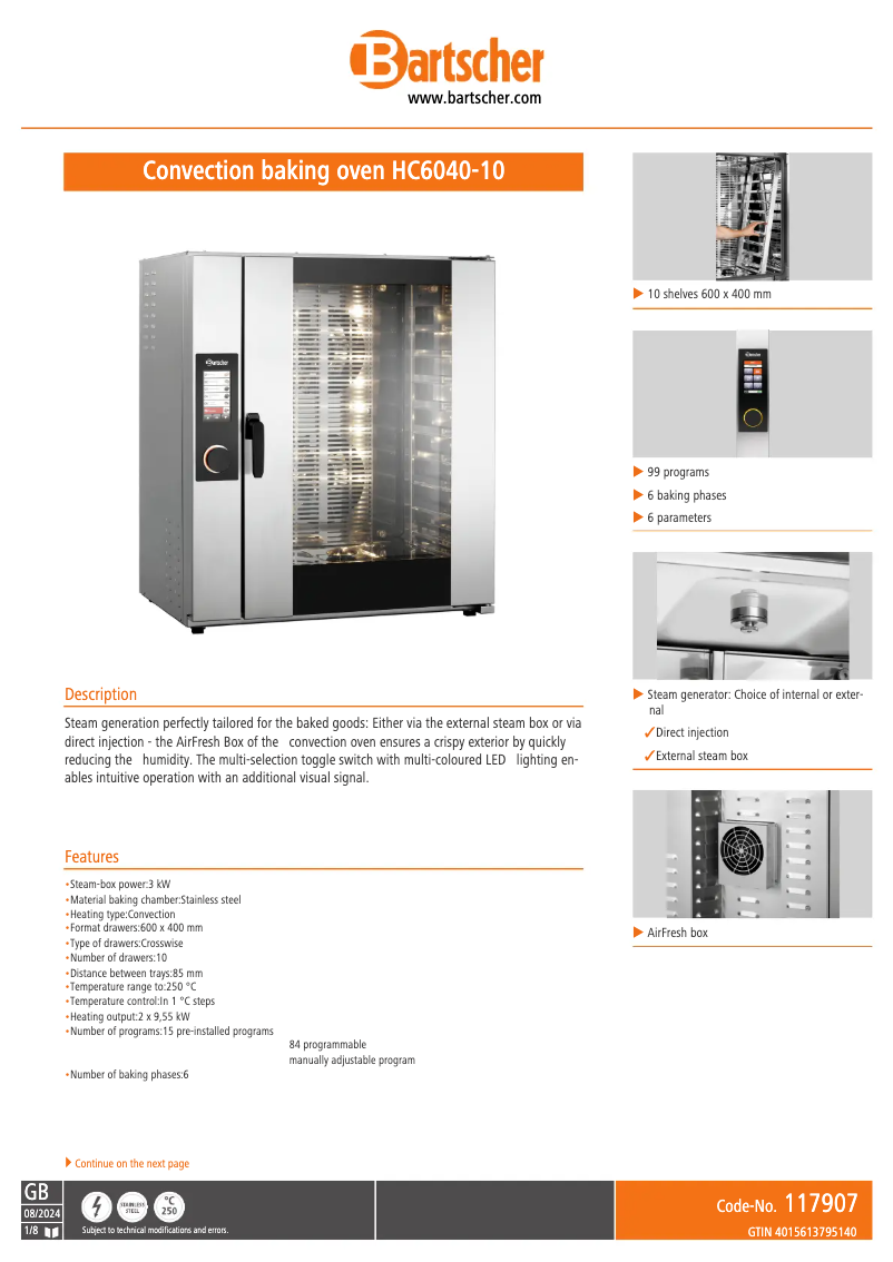 Page 1 de la notice Fiche technique Bartscher HC6040-10