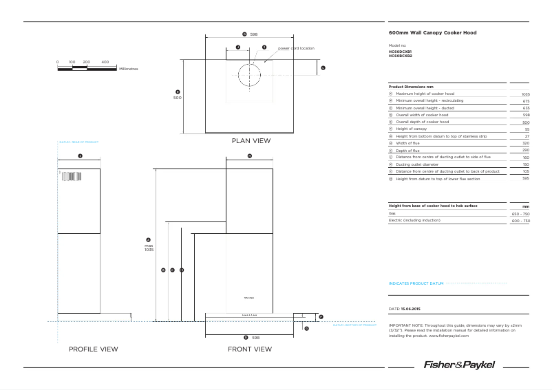 Page 1 de la notice Fiche technique Fisher & Paykel HC60BCXB2