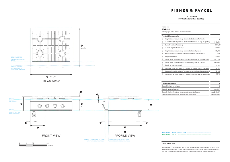 Page 1 de la notice Fiche technique Fisher & Paykel CPV2-304N