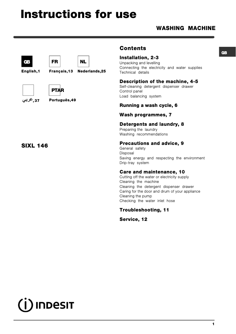Page 1 de la notice Manuel utilisateur Indesit SIXL 146