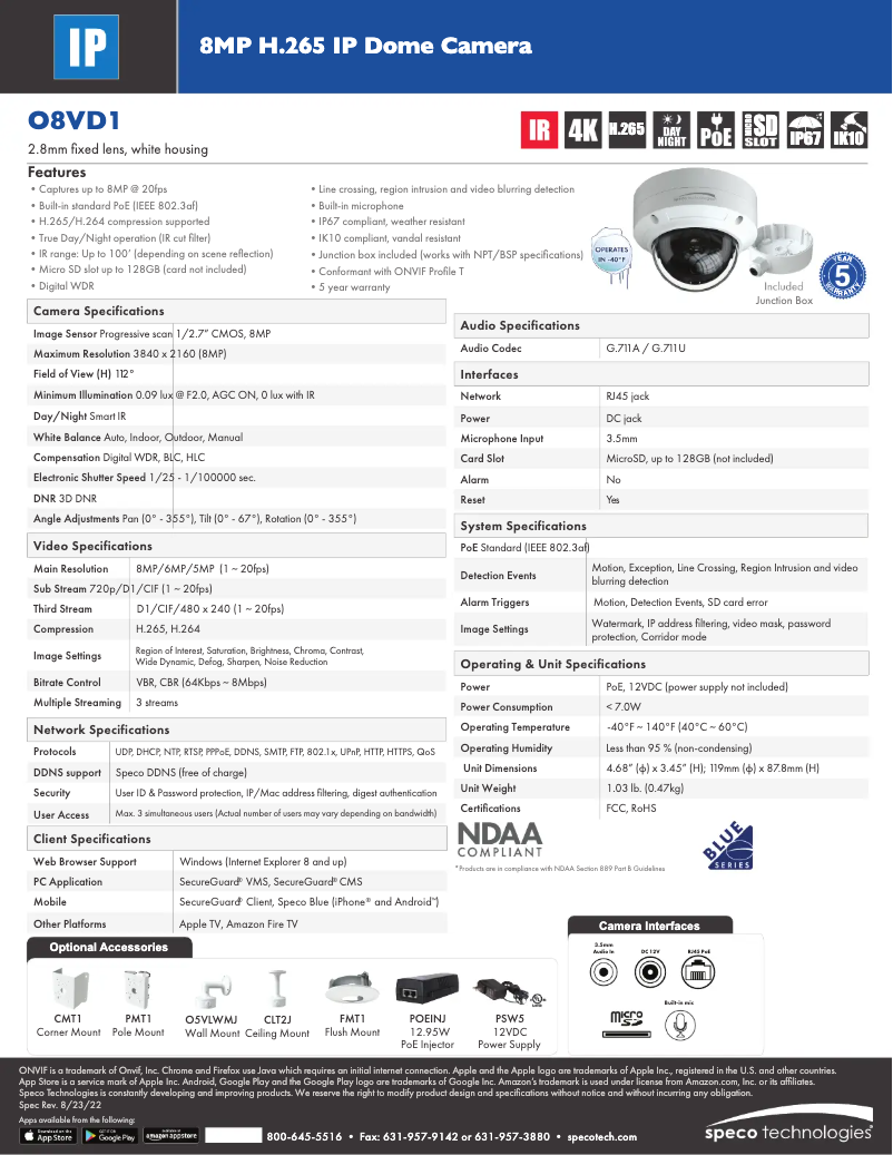 Page 1 de la notice Fiche technique Speco Technologies O8VD1