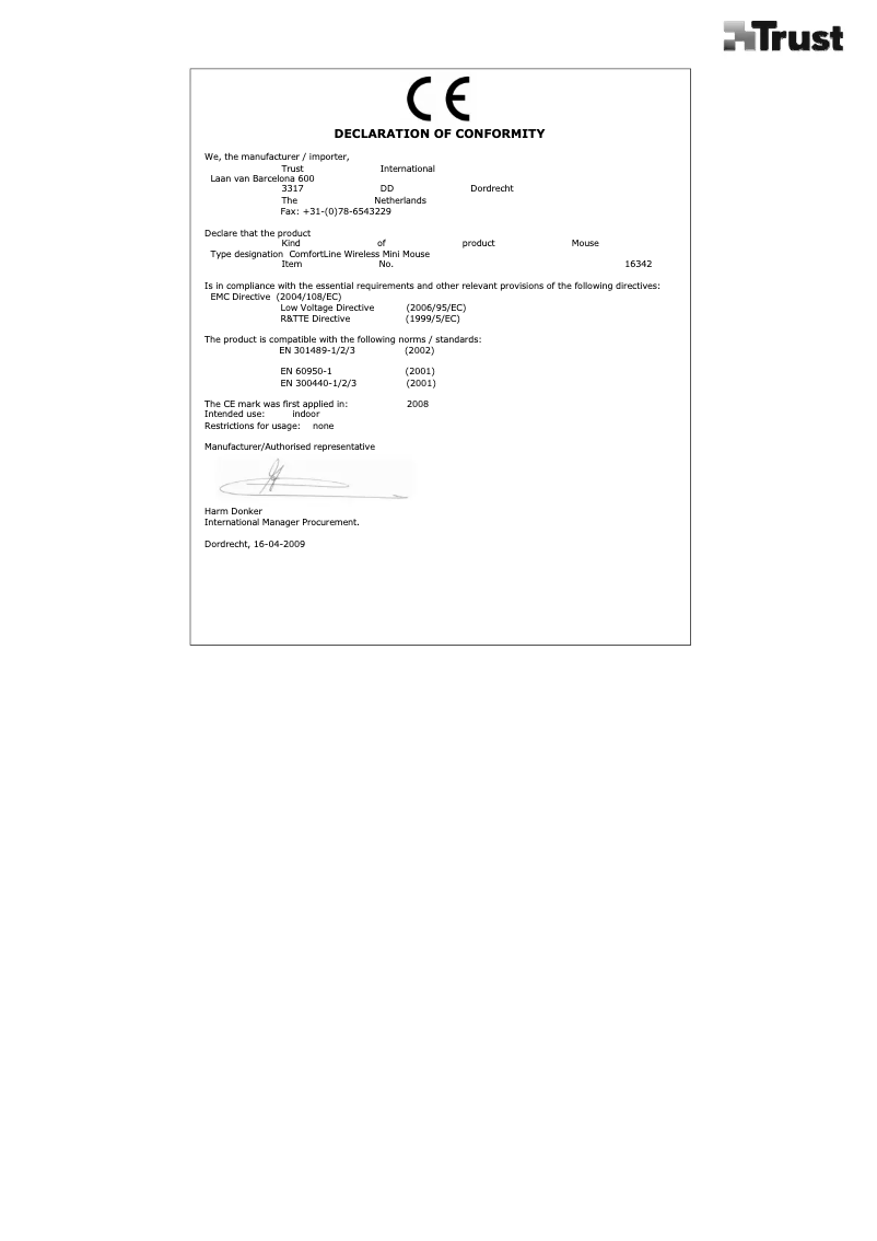 Page 1 de la notice Manuel utilisateur Trust ComfortLine Wireless Mini Mouse