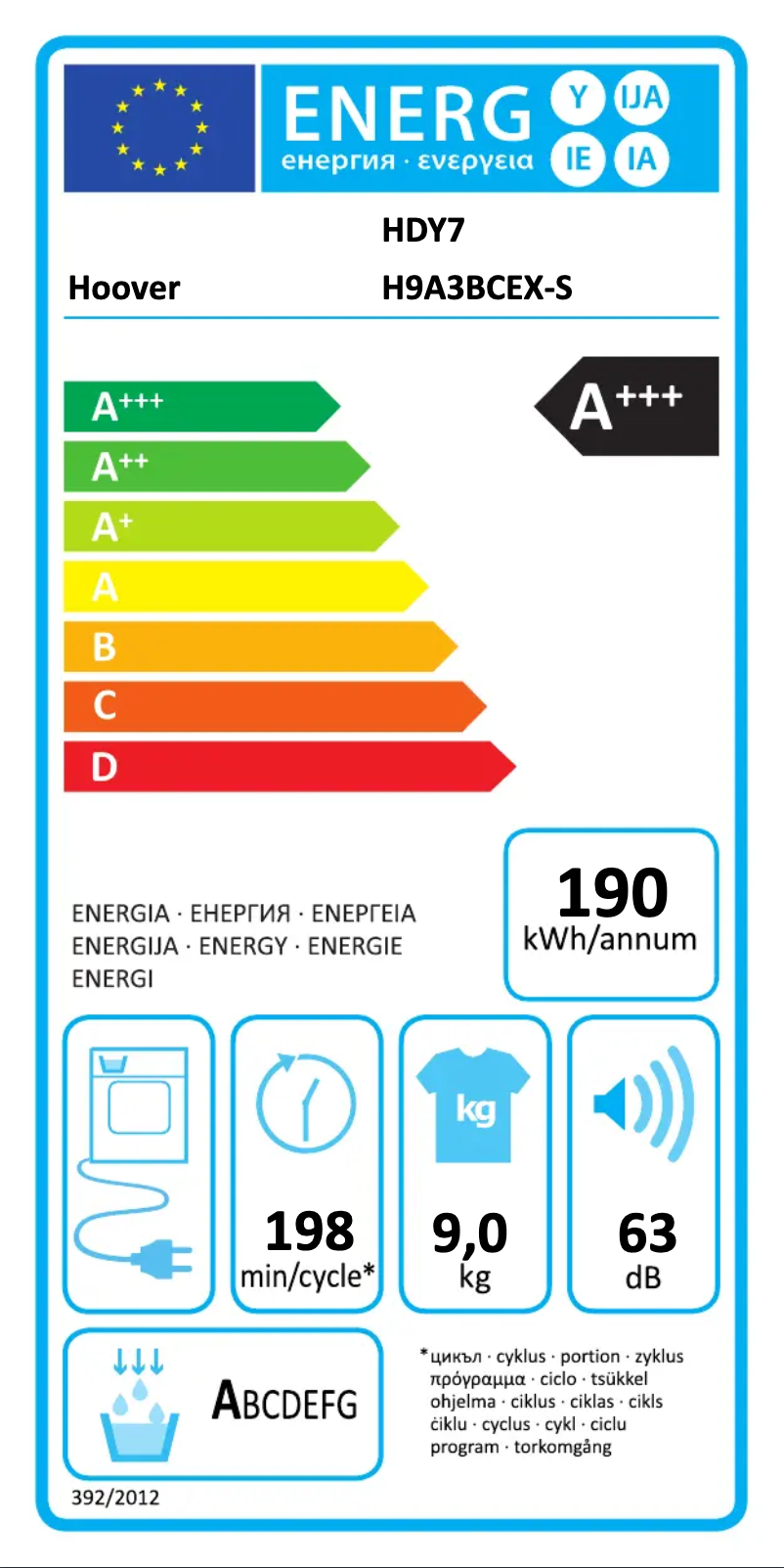 Page n°1 - Label énergétique Hoover HDY7 H9A3BCEX-S