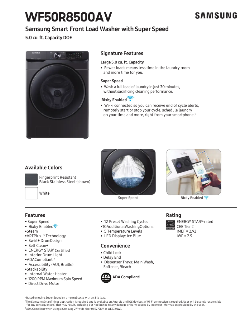 Page 1 de la notice Fiche technique Samsung WF50R8500AW