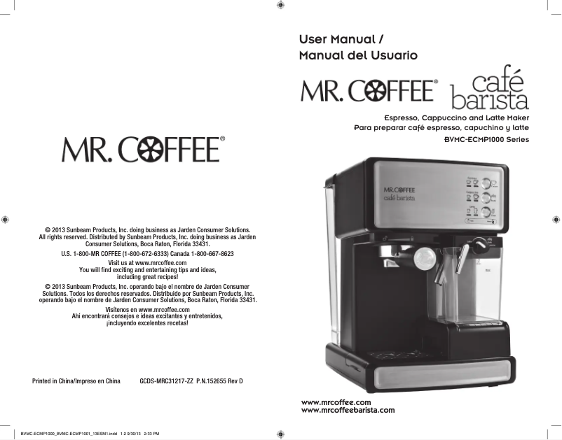 Page 1 de la notice Manuel utilisateur Mr. Coffee Café Barista BVMC-ECMP1000