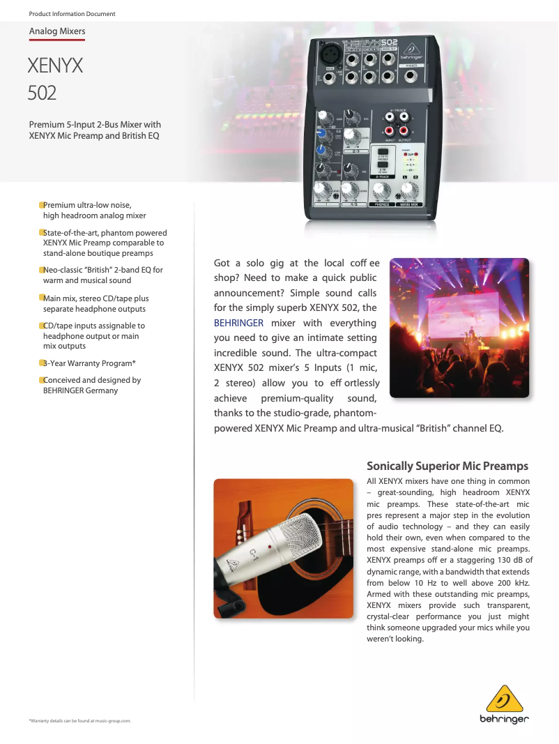 Page 1 of the manual Technical Sheet Behringer Xenyx 502