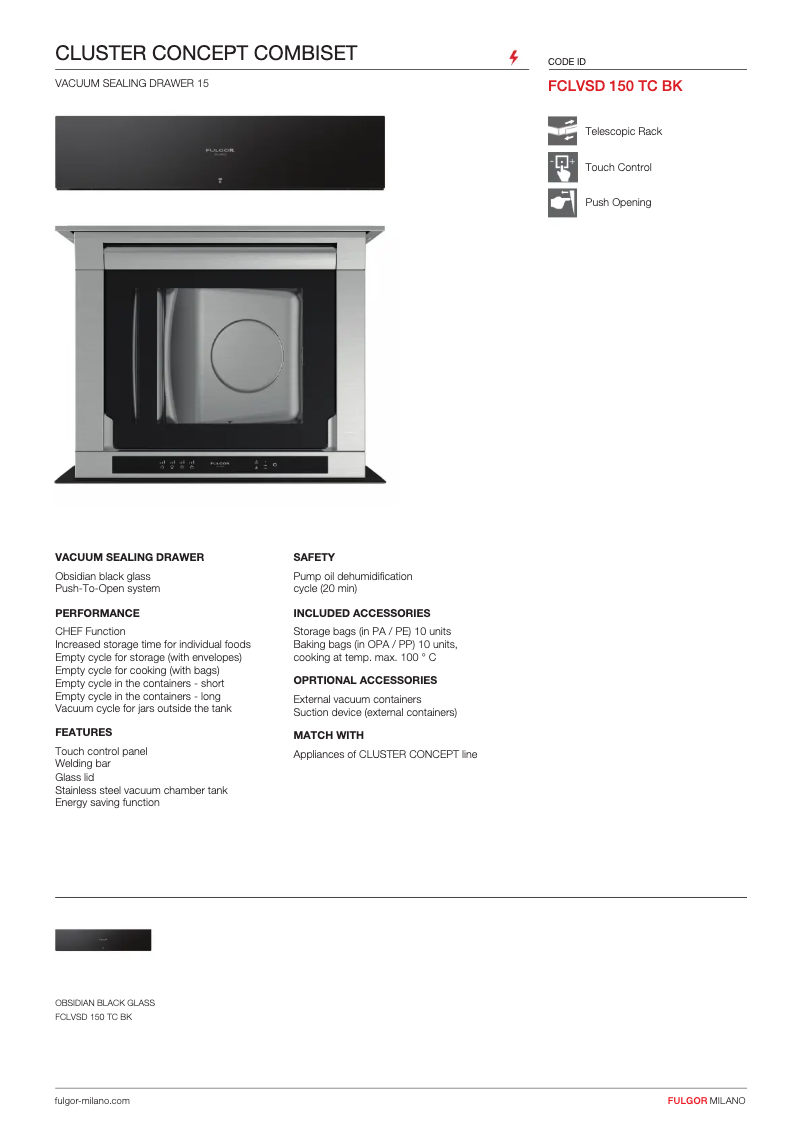 Page 1 de la notice Fiche technique Fulgor Milano FCLVSD 150 TC BK