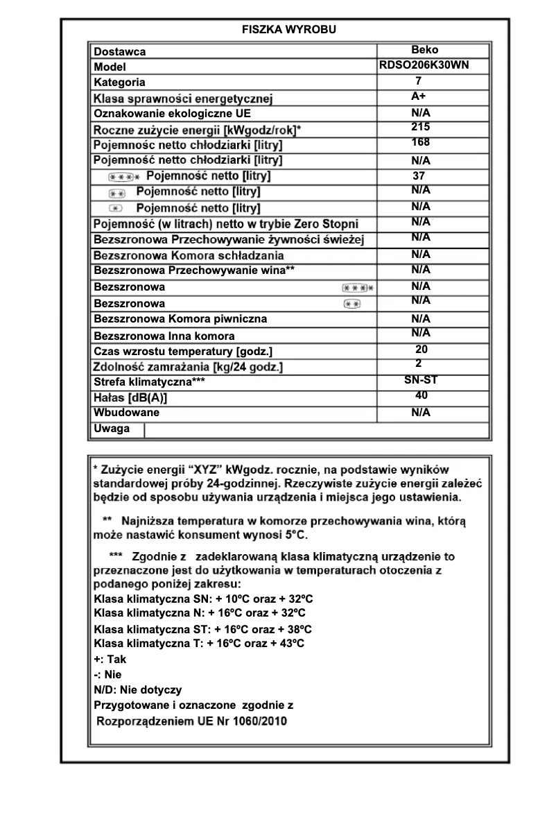 Page 1 de la notice Fiche technique Beko RDSO206K30WN