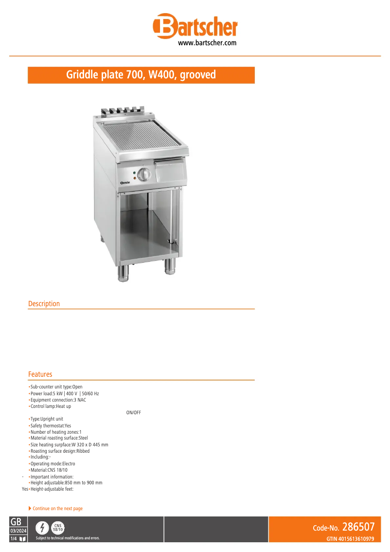 Página 1 del manual Ficha técnica Bartscher 286507