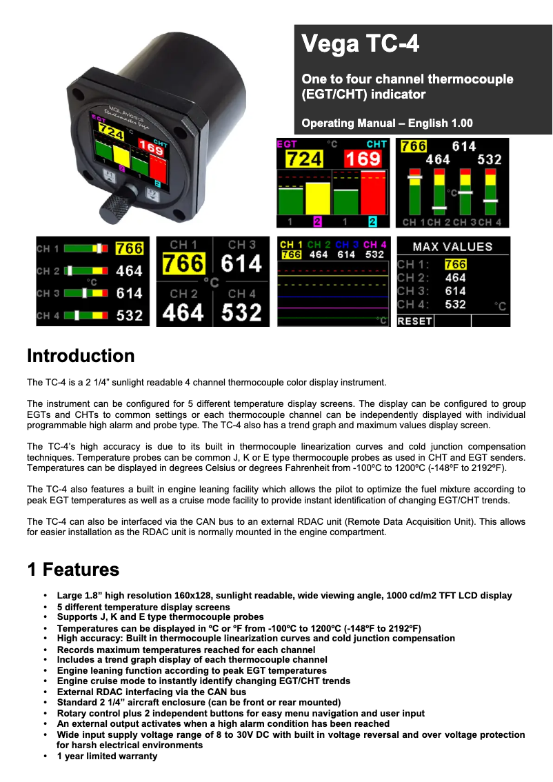 Page 1 de la notice Manuel utilisateur MGL Avionics TC-4