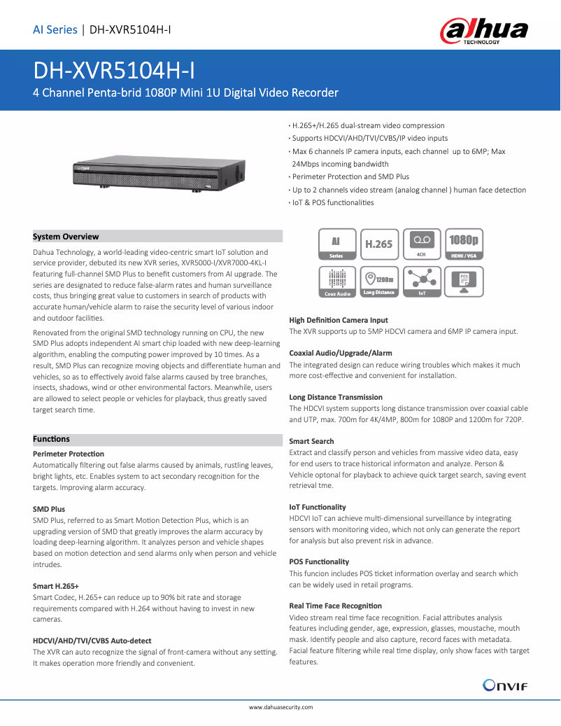 Page 1 de la notice Fiche technique Dahua Technology XVR5104H-I