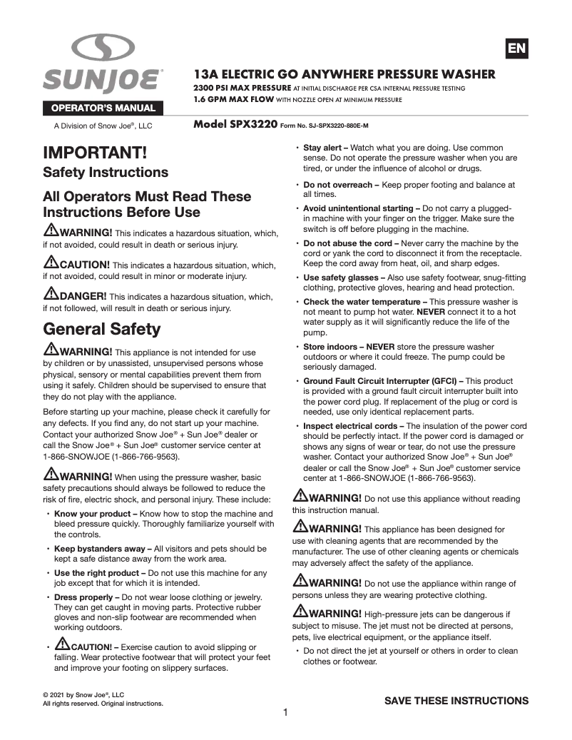 Page 1 de la notice Manuel utilisateur Sun Joe SPX3220