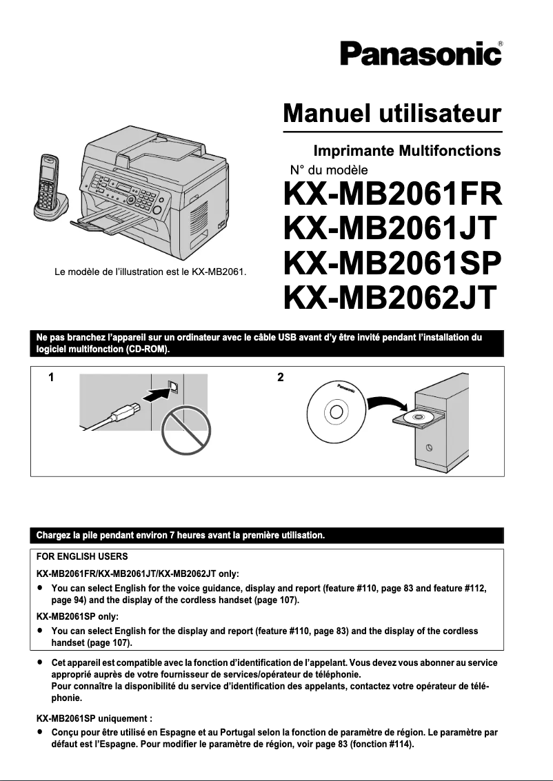 Page 1 de la notice Manuel utilisateur Panasonic KX-MB2062JT