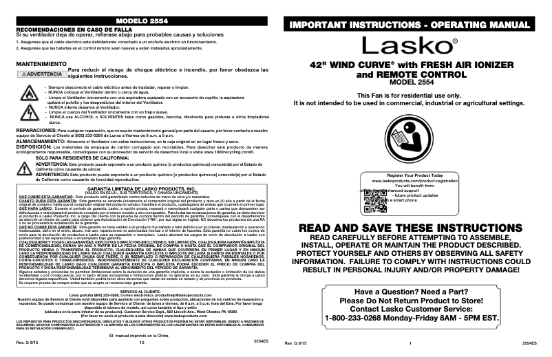 Page 1 de la notice Manuel utilisateur Lasko 2554