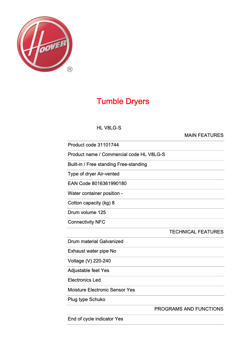 Page n°1 - Fiche technique Hoover HL V8LG-S