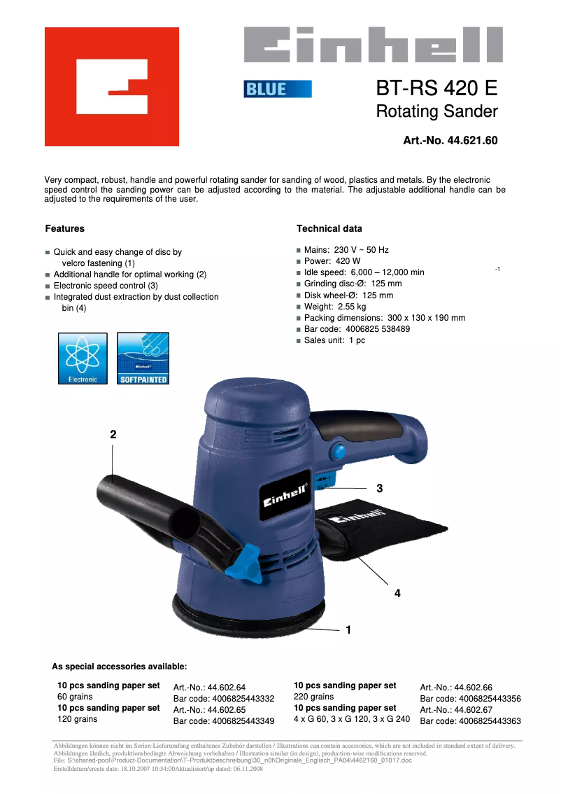 Page 1 de la notice Fiche technique Einhell BT-RS 420 E