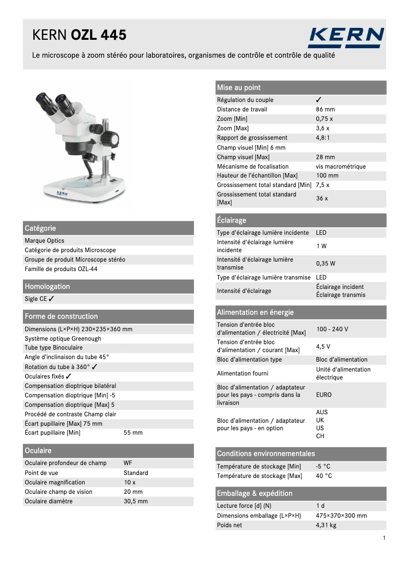 Page 1 de la notice Fiche technique Kern OZL 445