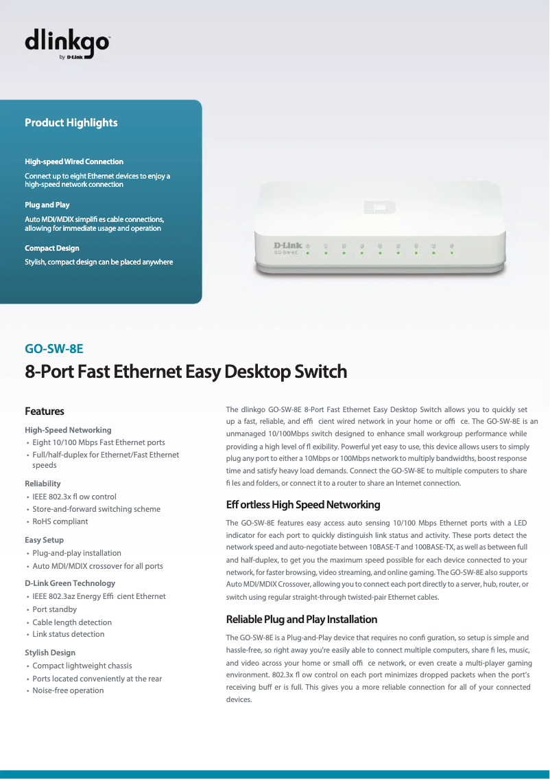 Page 1 de la notice Fiche technique D-Link GO-SW-8E