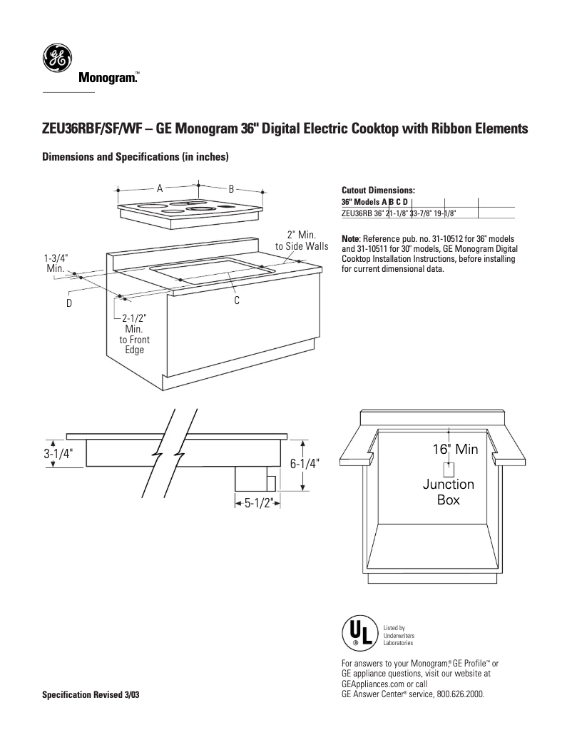 Page n°1 - Fiche technique GE ZEU36RWFWW