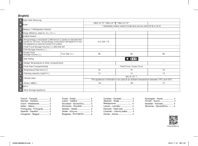 Page n°1 - Fiche technique Samsung RB37J5349SL