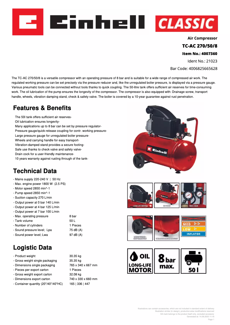 Page 1 de la notice Fiche technique Einhell TC-AC 270/50/8
