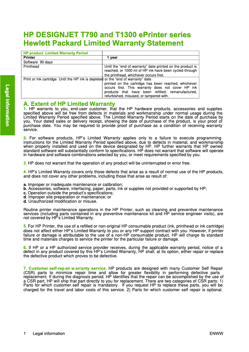 Page 1 de la notice Informations de garantie HP DesignJet T1300