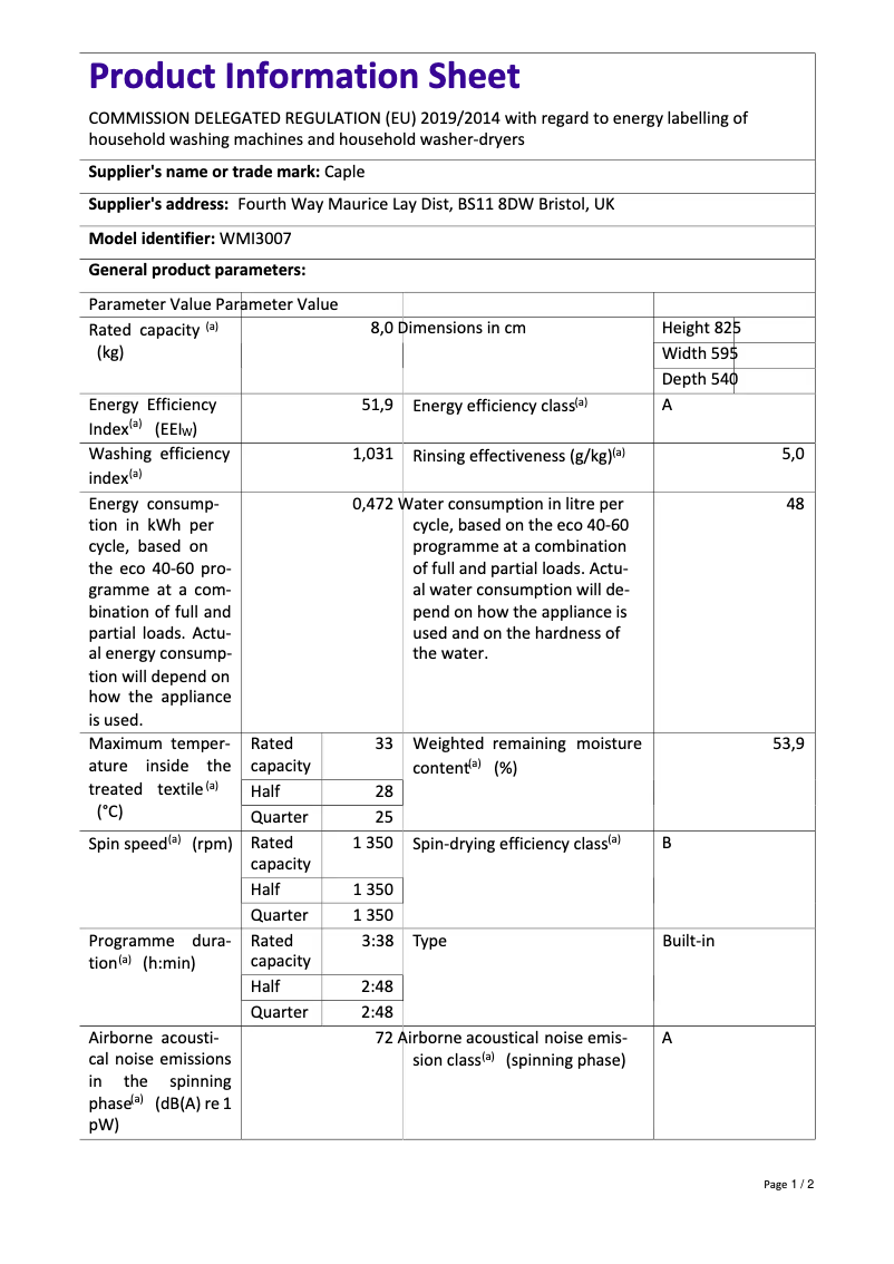 Page 1 de la notice Fiche technique Caple WMI3007