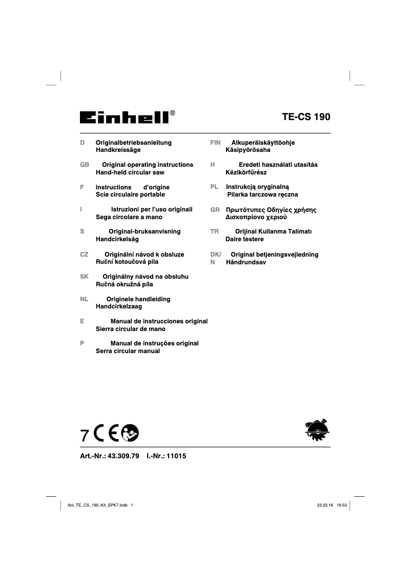 Page n°1 - Manuel utilisateur Einhell TE-CS 190