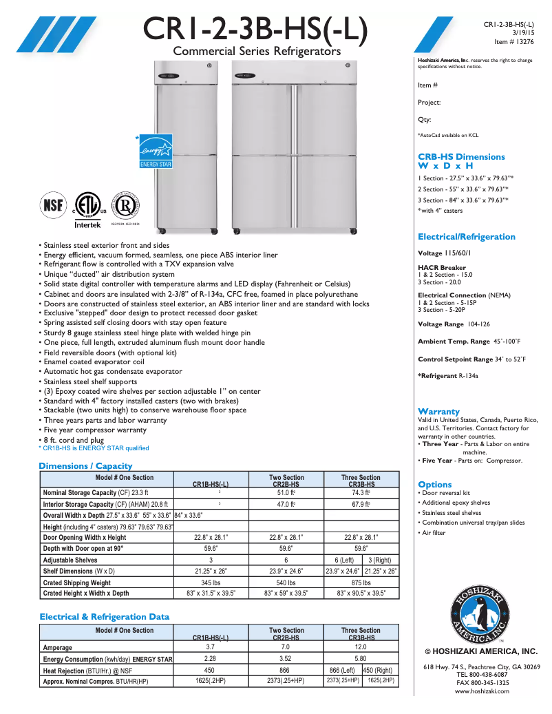 Page 1 de la notice Fiche technique Hoshizaki Steelheart CR3S-HS
