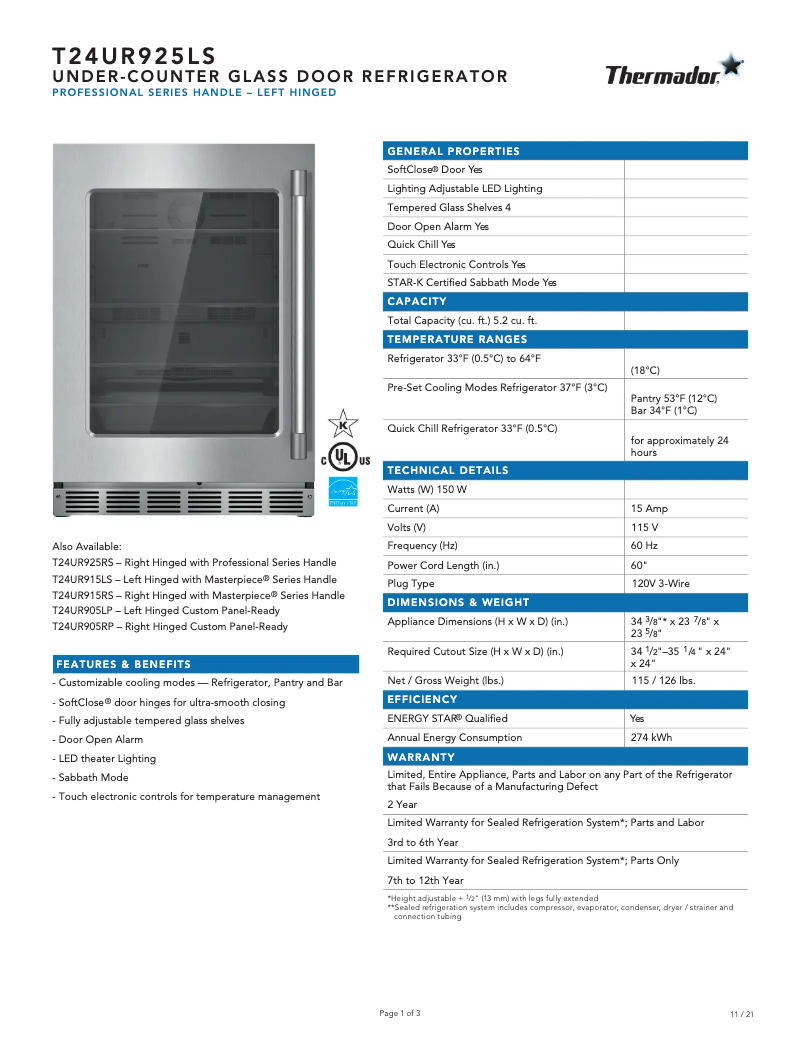 Page n°1 - Fiche technique Thermador T24UR925LS