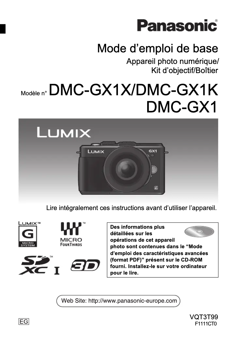 Page 1 de la notice Guide de démarrage rapide Panasonic Lumix DMC-GX1