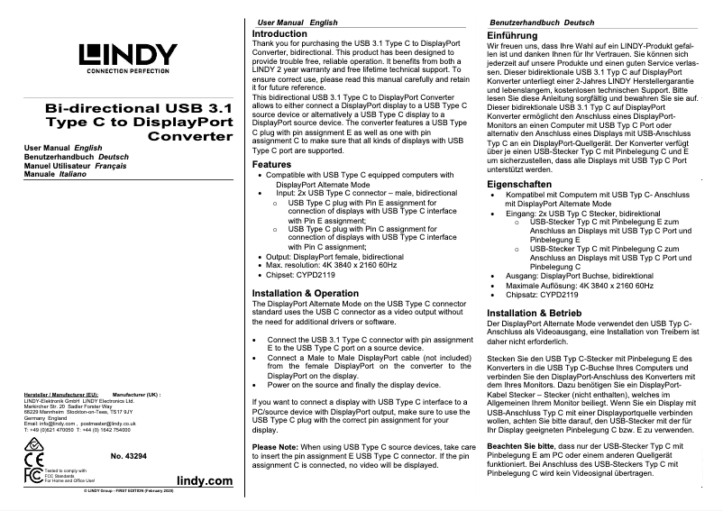 Page n°1 - Manuel utilisateur Lindy 43294